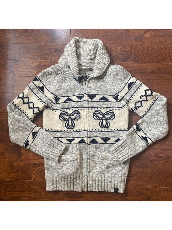 TNA Sweaters - TNA Women’s XS Hooded Cowichan Knit Lambswool Sweater Beige & Black Zip Front